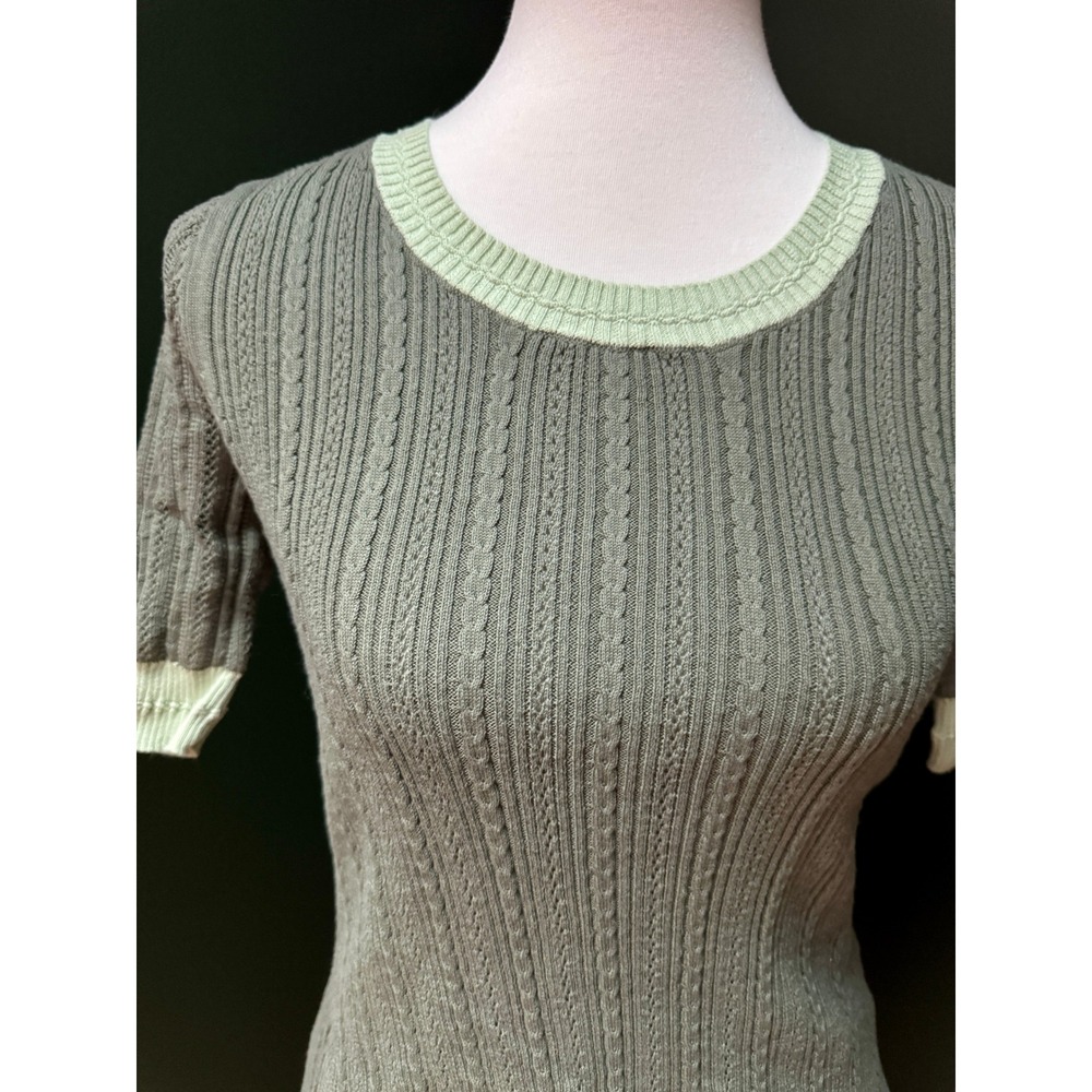 Isaac‎ Mizrahi Olive Green Cable Knit Short Sleeve Ringer Top Women's Size XXS